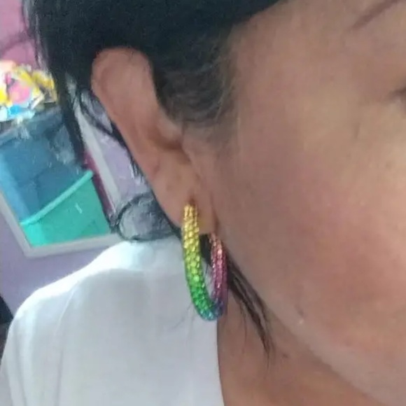 Rainbow Multi Color Rhinestone Hoop Bling Y2K, Retro, Disco, Pride Earrings - Picture 5 of 8